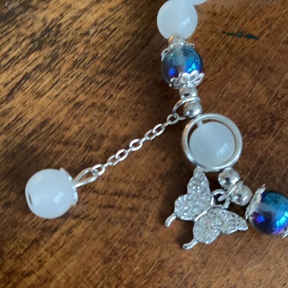 Milky White & Purple Beaded Bracelet with Butterfly Charm for Teens - Picture 5 of 7